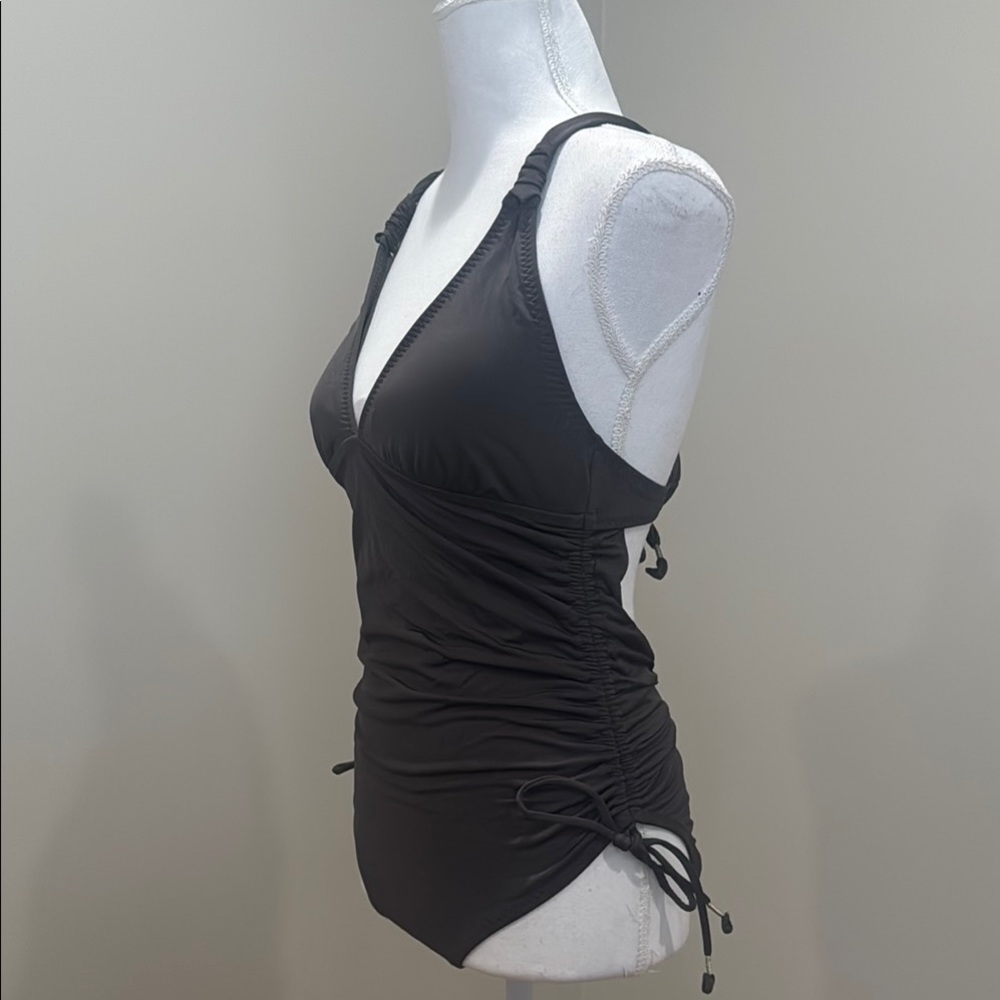 Athleta Charcoal Gray One Piece Swimsuit with Plunging V-Neck and Ruching - Picture 4 of 8